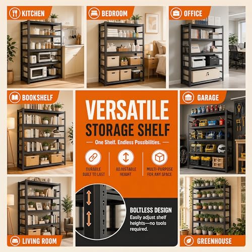 Image of 3-Tier Bookshelf, Modern Metal Book Shelf, 900LBS Industrial Tall Display Bookcase, Adjustable Bolt-Free Storage Shelves for Living Room, Bedroom, Garage, Kitchen, Black, 23.6 inch W x14 D x31.5 H