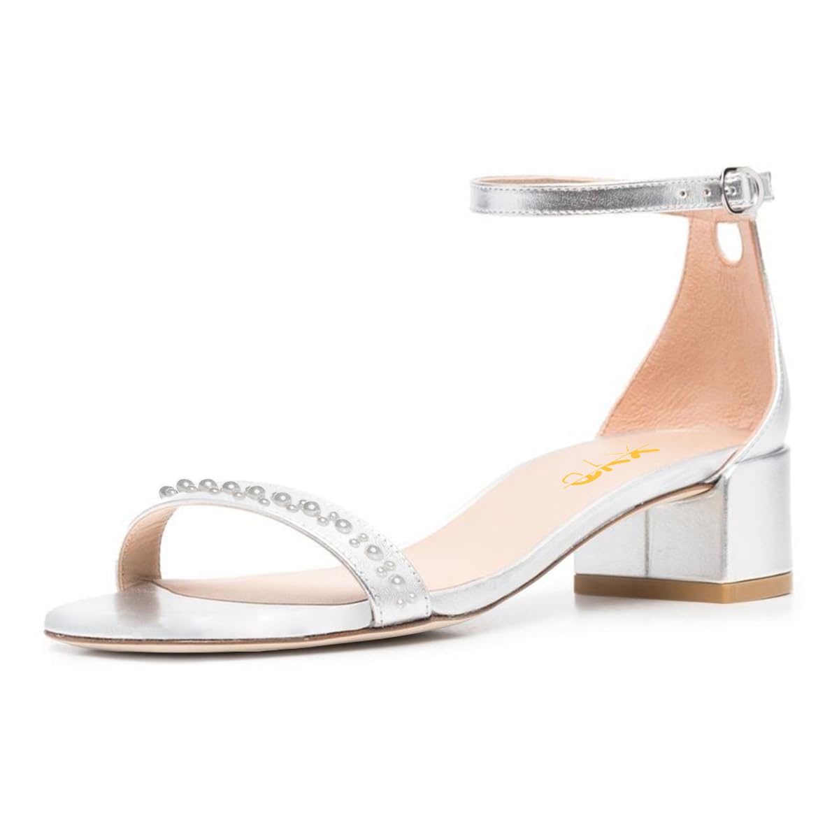 XYD Women Pearls Open Toe Strappy Low Block Heel Sandal Flats Ankle Strap with Buckle Wedding Bridal Dress Shoes