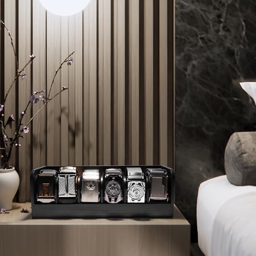 Winter Shore Schwarze Box zur Gürtel Aufbewahrung - Organizer Schublade, Schrank & Garderobe aus Dunklem Bambus mit 6 Fächern - Natürlicher Schrank Organizer für Damen & Herren für Accessoires, Uhren