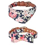 Fourhorse Small Dog and Cat Collars with Cute Blue flowers Bandana and Bowtie, Adjustable Buckle Soft and Comfortable