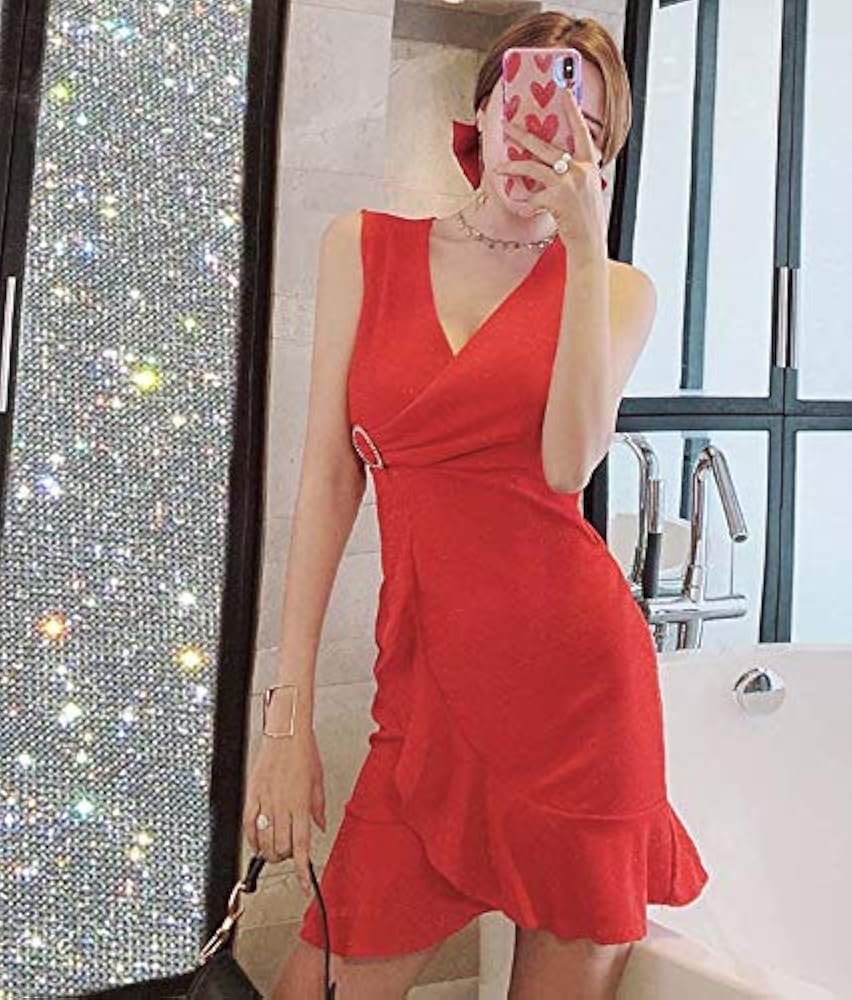 Amazon.co.jp: ワンピース ノースリーブ ミニ M 赤 カシュクール V