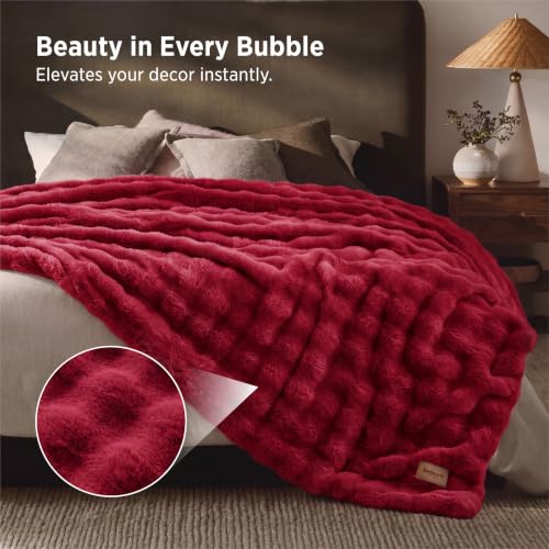 Image of Bedsure Fluffy Bubble Faux Fur Queen Blanket, 90 inchx90 inch, Red