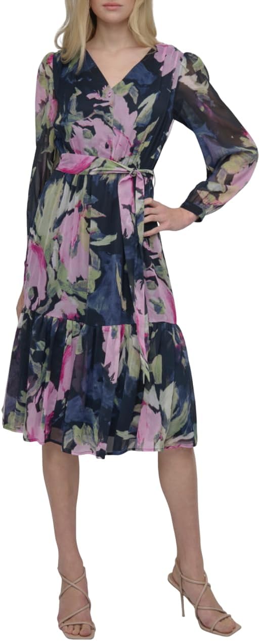 DKNY Womens Long Sleeve V-Neck Tie Waist Midi Dress