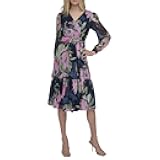 Womens Long Sleeve V-Neck Tie Waist Midi Dress