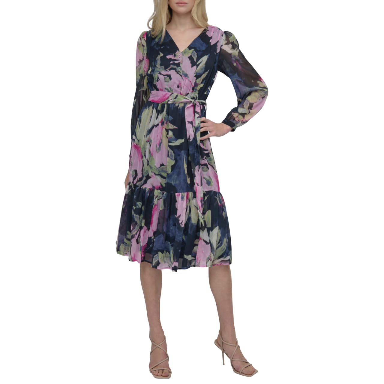 DKNY Women's Long Sleeve V-Neck Tie Waist Midi Dress