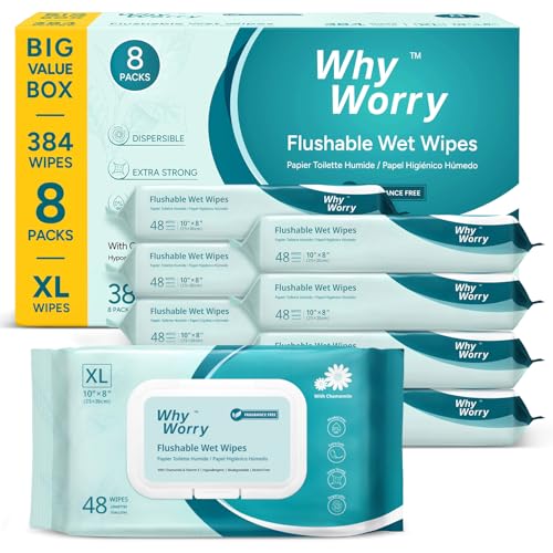 WhyWorry XL Papel Higiénico Húmedo Desechable con Manzanilla y Vitamina E por WC, Extra Grandes 20x25 cm Toallitas Húmedas para Limpieza Íntima, Biodegradable y Sin Plástico, sin Perfume, 384 Unidades