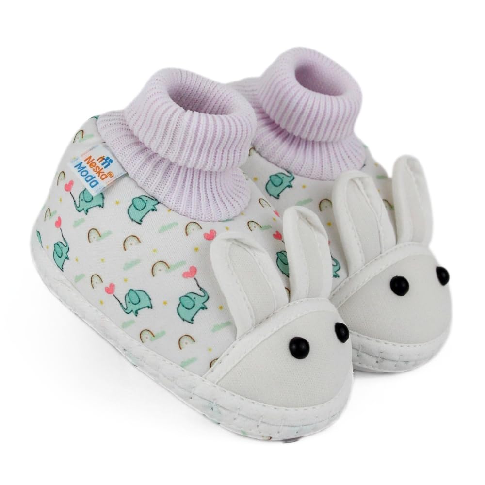 neska moda 6 To 12 Months Baby Boys & Girls Elephant Printed Soft Cotton Pre-Walker White,Green Rabbit Face Shoe Booties-BT5572-picture-13