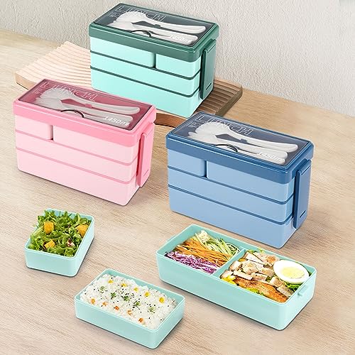 Changedent Bento Box Lunch Box,3-in-1 Compartment Lunch Box with Cutlery Set, 1450ml Leak-Proof Food Storage Boxes,Meal Prep Container Box for Adults Office,Microwave Dishwasher Safe (green)