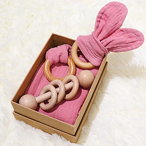 Image of Baby Lovey, Wood Rattle, Teether Ring, 3 Pack Montessori Gift, Coral Pink, Cotton, Double Gauze, Baby Girl Shower Gift