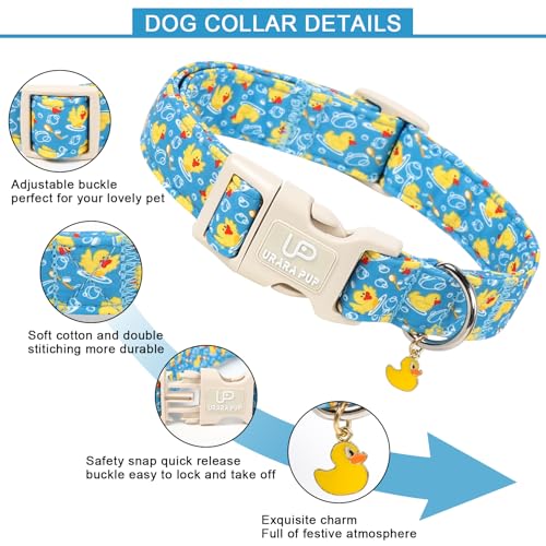 Image of Adorable Duck Dog Collar,Cotton Adjustable Puppy Collar with Cute Duck Charm Pendant, Durable Quick Release Buckle, Soft Comfortable Pet Collar for Small Medium Large Girl Boy Dogs