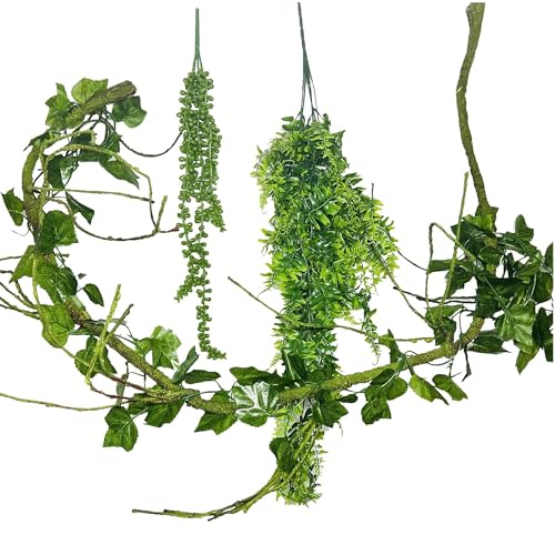Allazone 4 stycken terraristik ödla livsmiljö dekor tillbehör, konstgjorda hängande växter, reptiler hängmatta och terrarium klätterväxter för kameleont, ödlor, gecko, ormar