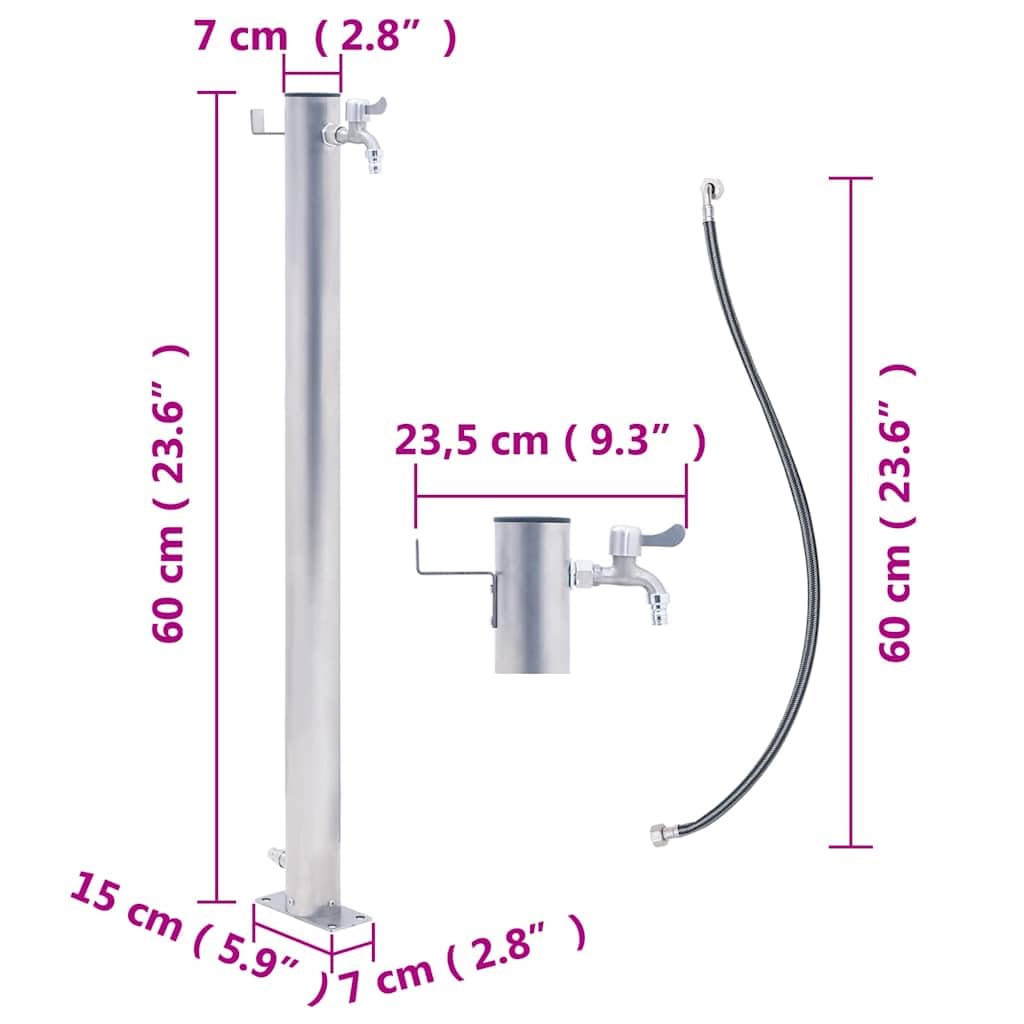 Wassersäule für den Garten 60 cm Edelstahl Rund 1x Wasserhahn mit Schlauchanschluss, Haken für Gartenschlauch, für Bewässerung, Reinigen, Blüten gießen