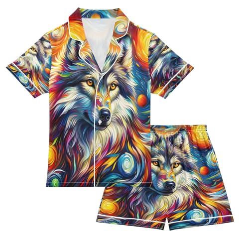 ALAZA Wolf Van Gogh Watercolor Oil Painting Satin Pajamas Set Short Sleeve Button Down Sleepwear Summer Pjs 2 Piece