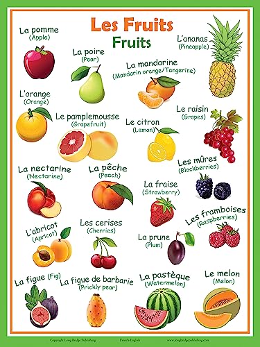 Long Bridge Publishing French Language School Poster - Words of common Fruits - Wall Chart for Home and Classroom - French-English Bilingual Text (18x24 inches)