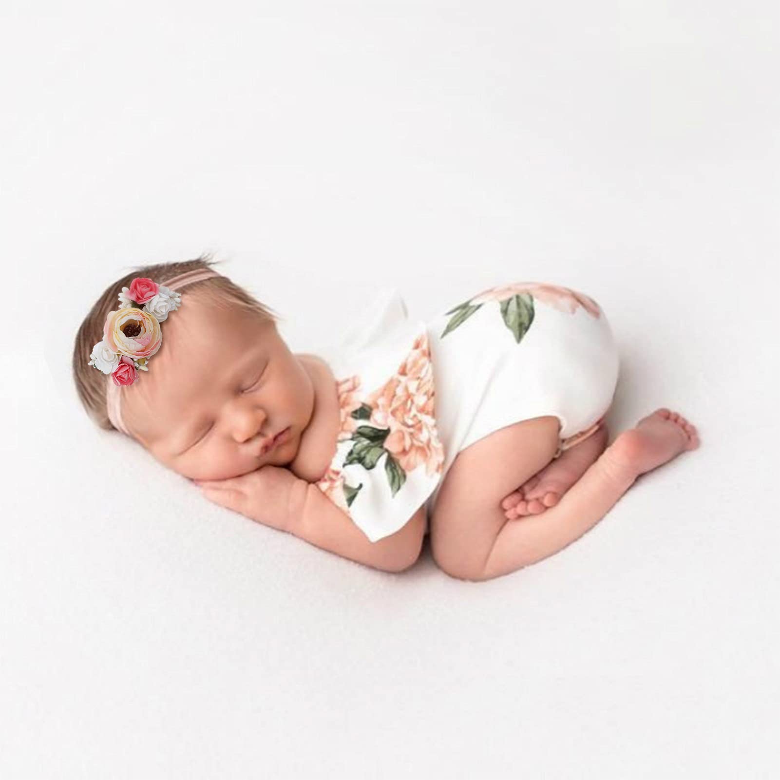 OOSAKU Newborn Photography Props Baby Girl Flower Nylon Headband Set and Lace Romper Baby Girl Photoshoot Outfits Photo Prop for Infants