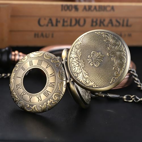 Image of Vintage Gold Double Sides Open Case Mechanical Men's Pocket Watch,Double Face Roman Dial Clock Hand Wind Pocket Watch for Men with FOB Chain