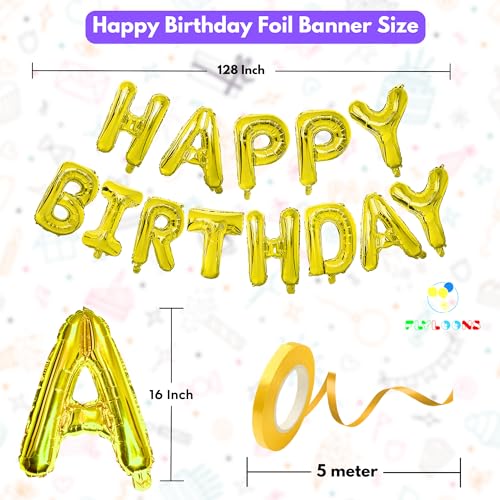 Image of Flyloons 4th Golden Colour Happy Birthday Foil Balloon Banner Set For 4 Year Old Boys Girls Baby | With Number Four | 13 Letters Reusable Happy Birthday Metallic Foil Balloons Decoration Kit, 14 Pcs