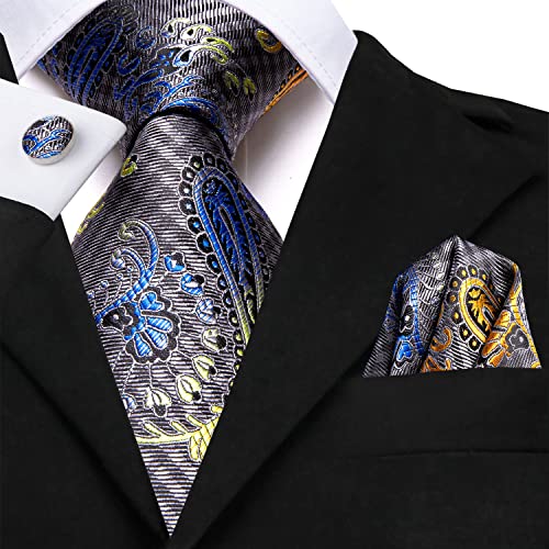 Image of Hi-Tie Blue Grey Ties for Men Silk Paisley Men's Ties and Flower Lapel Pin Set Pocket Square Cufflinks 4PCS Necktie for Wedding