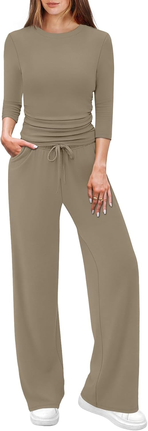 WIHOLL 2 Piece Lounge Sets for Women Summer Vacation Outfits 3/4 Sleeve Tops with Side Ruched Wide Leg Pants Matching Sets