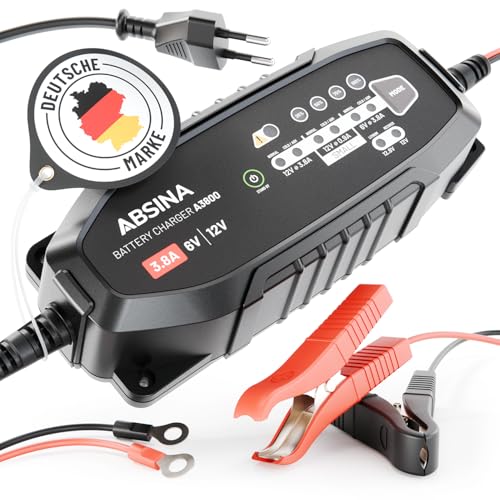ABSINA 3,8 A Batterieladegerät KFZ für 6V & 12V Blei Batterie bis 120Ah & 12,8V Lithium - Ladegerät Autobatterie - AGM Ladegerät 12V für Auto Motorrad Wohnwagen - Erhaltungsladegerät