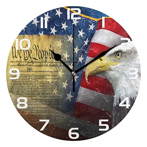 Alaza Patriotic American Flag With Eagle Round Wall Clock, Silent Non Ticking Oil Painting Home Office School Decorative Clock Art #TOP16