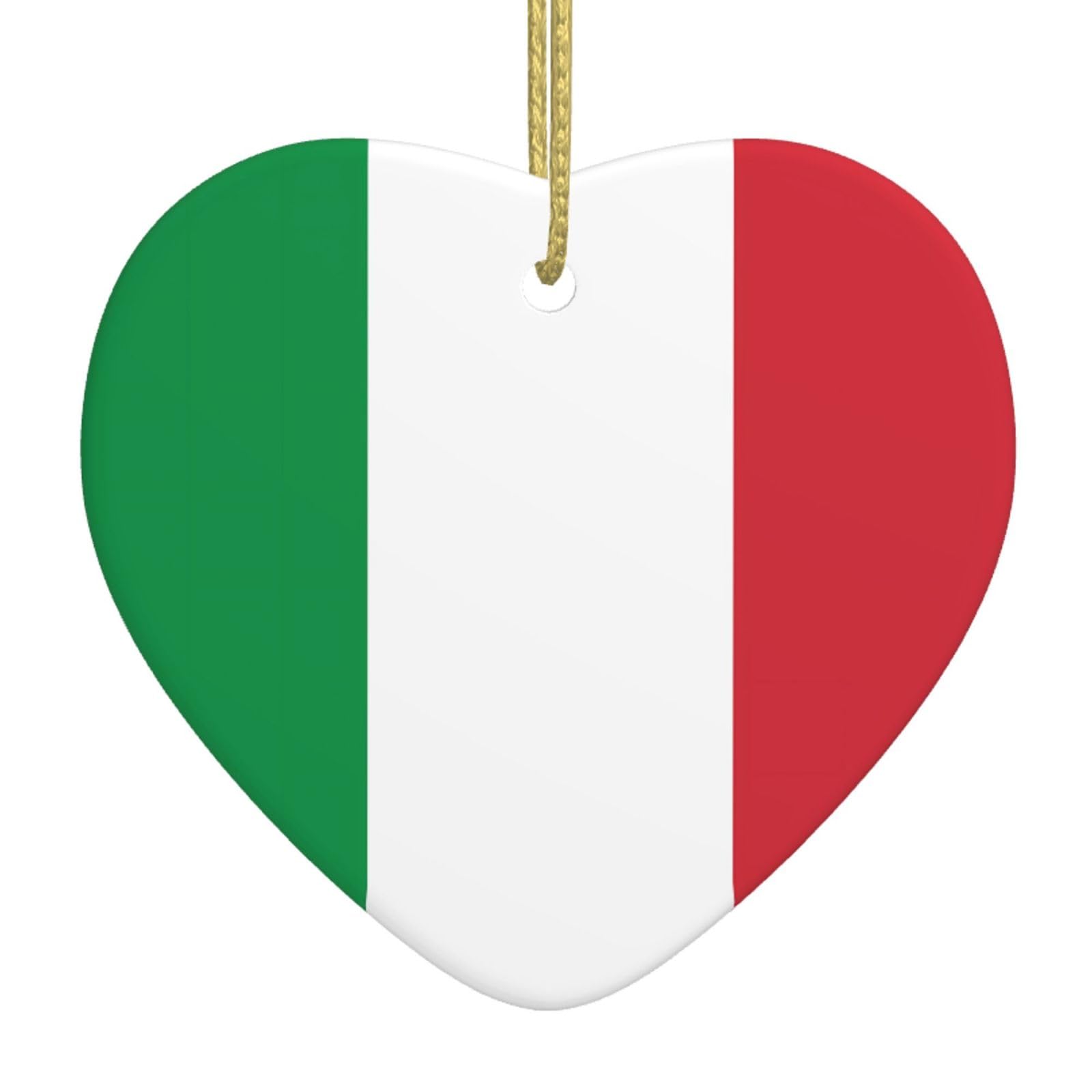 Italian Flag Ceramic Christmas Heart Pendant with Silk Thread, Christmas Tree Home Decoration
