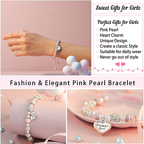 Jeka Rhinestone Bracelets for Girls - Flower Girls, Pink Pearl Heart Charm Bracelets for School, Graduation & Communion Gifts4