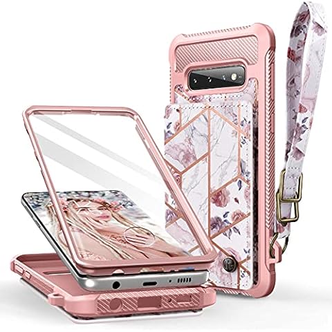 Dracool for Samsung Galaxy S10 Case with Card Holder and Screen Protector PU Leather Wallet for Women 360 Full Body Protection Shockproof Protective Cover with Strap Magnet Marble Flower - Rose Gold Cover