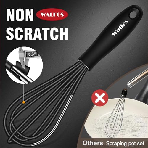 Image of Walfos Whisk 5+7in Mini Whisk,Silicone Whisks Non Scratch Heat Resistant (480F). Nice for stirring individual eggs and mixing small amounts of powder and sauce.Dishwasher Safe.Black