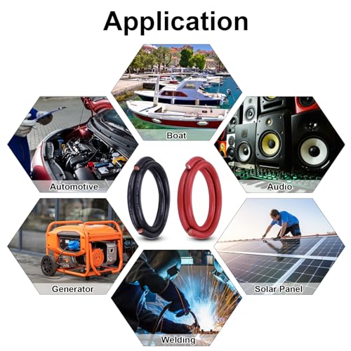 Image of 2 /0 Battery Cable, 5FT Red + 5FT Black 2 /0 Welding Cable, Stranded Oxygen-Free Pure Copper Wire for Automotive, Battery, Solar, Marine and Generator