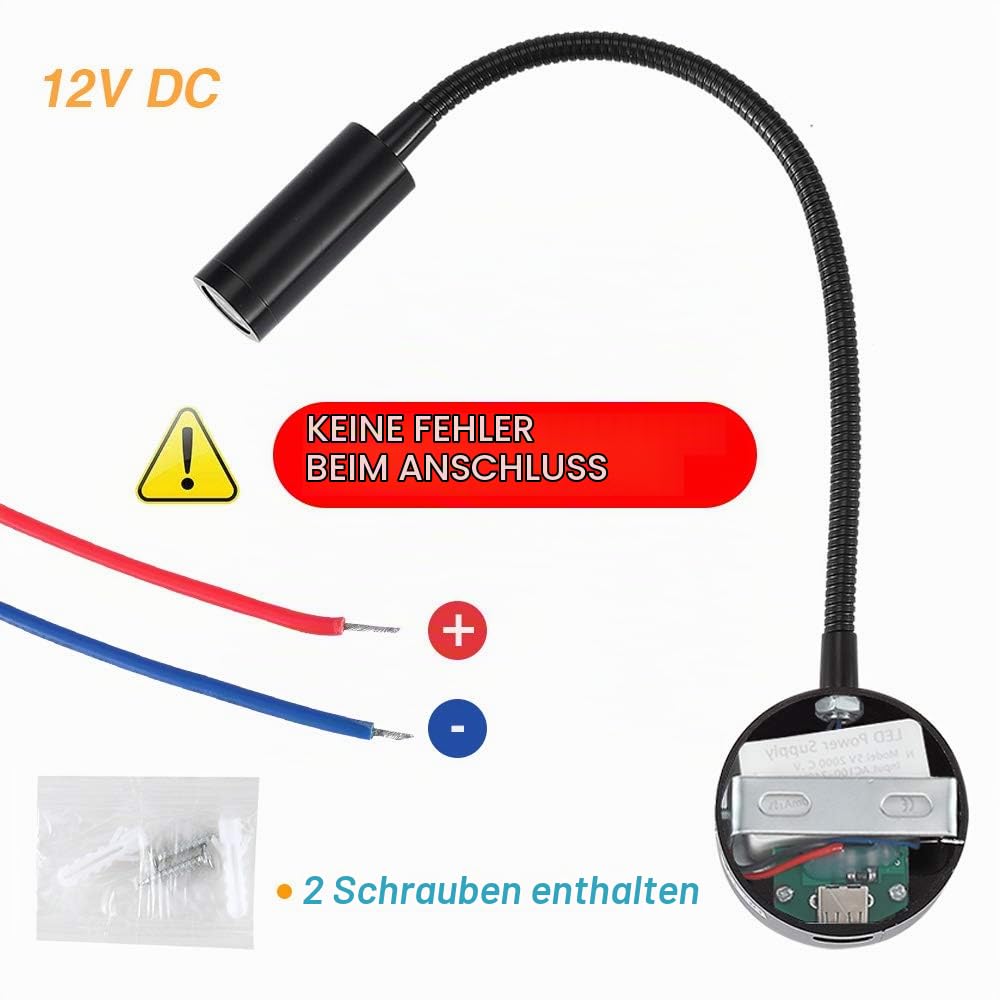 Dimmbare RV Leseleuchte mit USB-Ladeanschluss, DC 12V WOHNMOBIL Innenleuchten, Flexible LED-Leuchten, entwickelt für Auto, Van, Boot und Wohnmobil, 2 Packungen