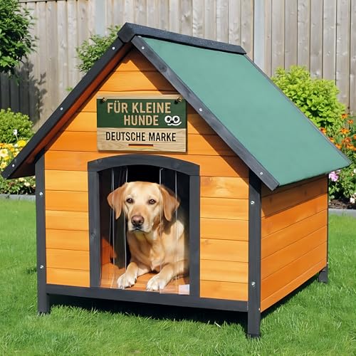 zooprinz Premium Hundehütte Luna - aus wetterfestem Vollholz, Dach zum Öffnen und Lamellentür - ideal für draußen - mit natürlichen Farbe gestrichen - 2 Größen zur Wahl -Hundehaus Hundehütte (L)