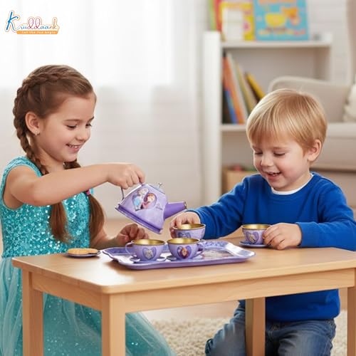 Image of Disney Frozen Elsa & Anna 14-Piece Tin Plate Tea Set for Girls - Fun Pretend Play Tea Party Toy - Durable, Lightweight & Safe Role Play Kit for Kids, Learning Toy -Birthday Gift For Ages 3+