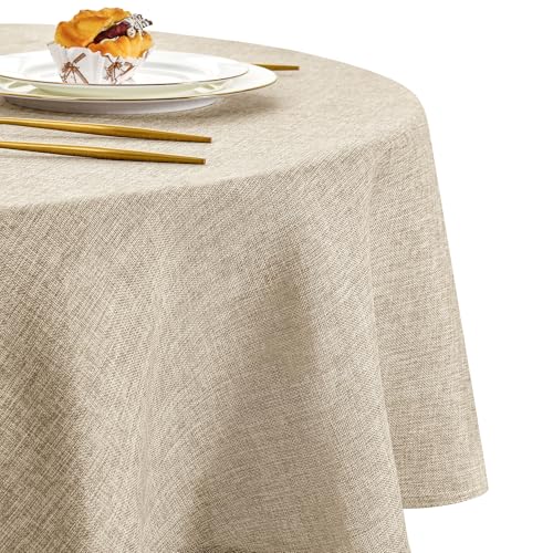DWCN Nappe Ronde Anti Tache Effet Lin Tissu Lavable et Imperméable Beige 140 cm Rond, Moderne Nappe Anniversaire Facile à Laver et Repasser, Nappe Pour Salle à...
