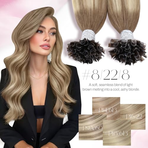 Image of Moresoo U Tip Human Hair Extensions, Brown Sun-Kissed Blonde, 18 Inch | 50g 50 strands, dimensional ombre color and individual placement help create buildable length and volume