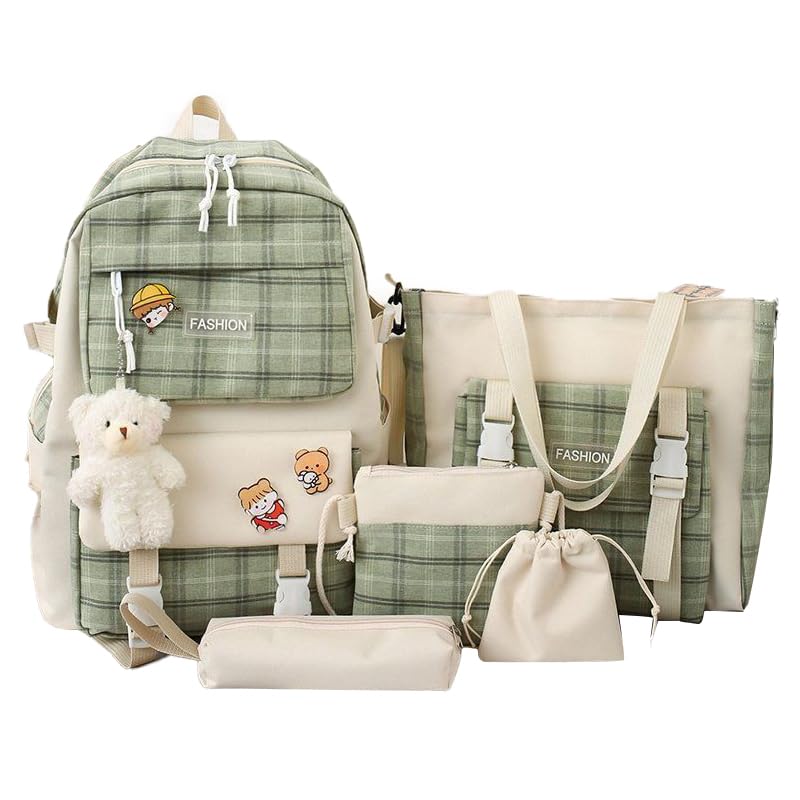 Mogame 5pcs Set Kawaii Plaid Backpack Combo Kit with Pin and Bear Pendant, Cute Children's Backpacks School Bag Handbag Tote Bag Backpack, Back to School Supplies