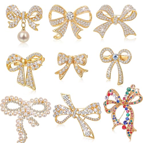 Image of Landical 9 Pcs Delicate Crystal Bow Brooch Pin for Women, Glitter Pins Dress Suit Shirt Ceremony Clothes Jewelry Accessories