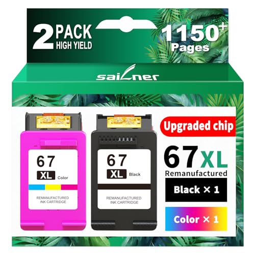 SAILNER 67XL Ink Cartridges Black/Color Combo Pack Replacement for HP Ink 67 HP67XL (2-Pack High Yield) Compatible with HP DeskJet 2755e 2855e 2700e 4155e 2734e 2827e 4100e Envy 6055 6455e Printer