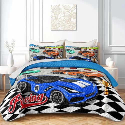 Axolotl Racing Car Quilt Set for Queen Bed,Cool Speed Race Cars Bedspread Coverlet Set for Boys,Cartoon Extreme Sports Comforter Set for Men Adults,3 Piece Sports Car Bed Cover with 2 Pillowcases