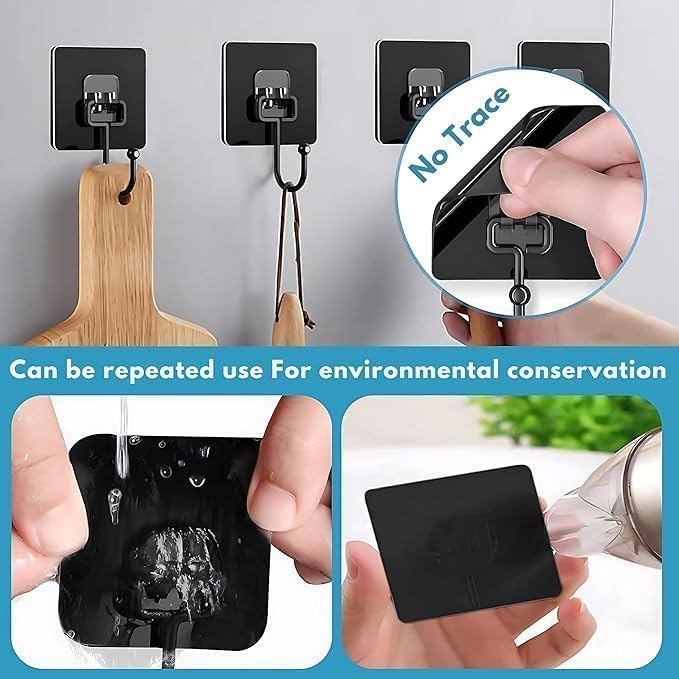 Image of Extra Strong Self-Adhesive Big Wall Hooks | 20 Piece Black Metal Hooks | 5 kg Weight Capacity | Waterproof & No Trace | Ideal for Wall, Kitchen Utensils, Keys, Clothes