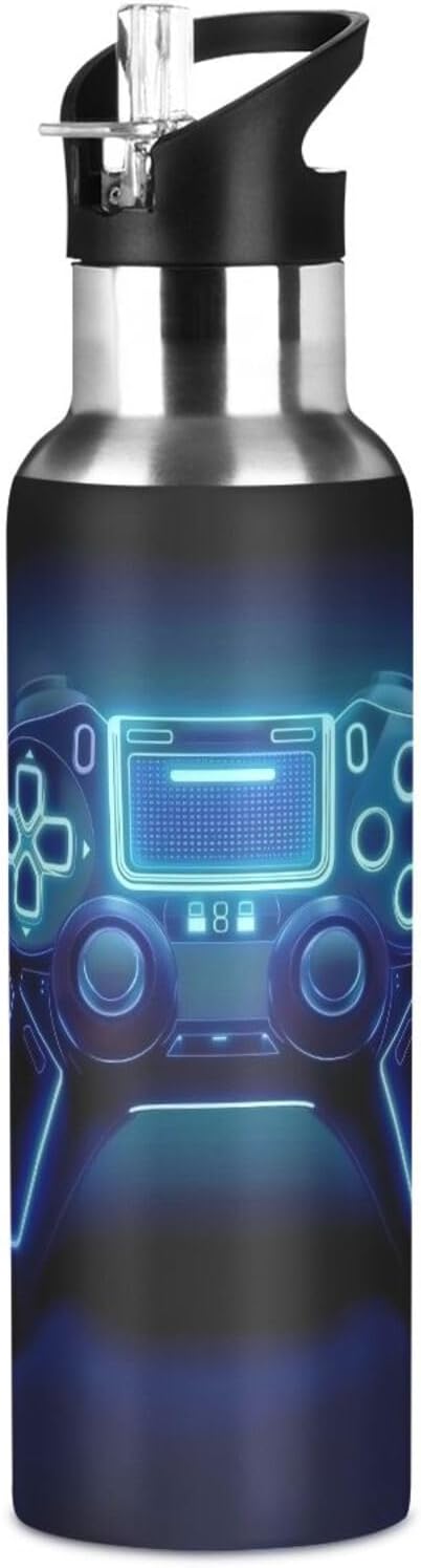 Blue Glowing Game Controller Water Bottle Leakproof Insulated Stainless Steel Hot Cold Water Flask with Straw Lid for Sports Travel 20 oz