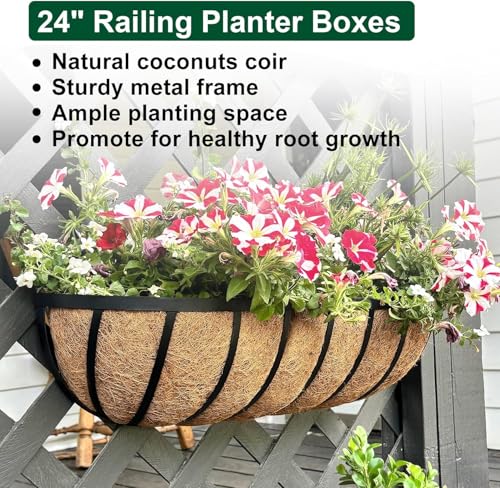 Image of DUNCHATY 24 Inch Railing Planter 3 Pack - Adjustable Metal Window Box Planter with Coco Liner for Deck Balcony Porch Fence - Outdoor Hanging Flower Basket for Herbs & Flowers