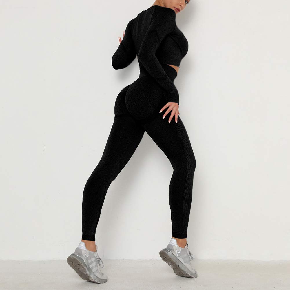 2 szt. zestaw damski joga fitness odzież sportowa bezszwowa fitness krótki biustonosz legginsy siłownia strój do biegania dres, Czarny, M