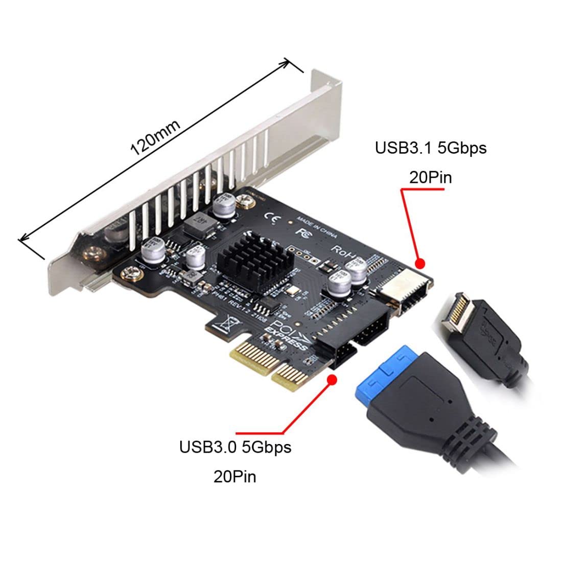 ChenYang Adaptateur de carte d'extension USB 3.0 20 broches et USB 3.1 Gen 1 Type-E vers PCI-E 1X PCI Express