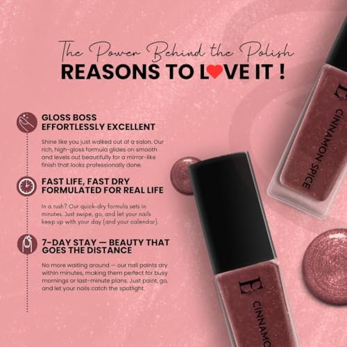 Image of Ellement Co Cinnamon Spice Nail Polish 10 ml with warm cinnamon brown tone delivers rich glossy salon finish, smooth streak free application, quick drying formula, and long lasting chip resistant wear, perfect for festive looks, office wear, autumn styling, evening outings, and elegant everyday nails.