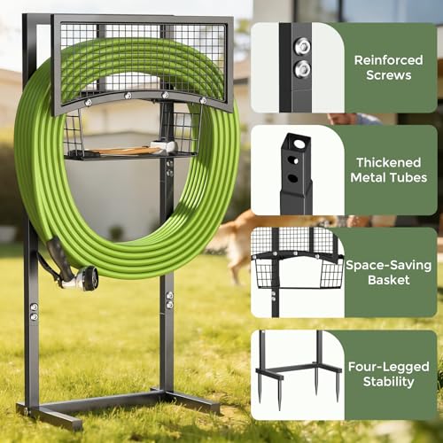MLICAWU Garden Hose Holder Freestanding with Storage Basket, Holds Up to 165FT Hose, Heavy Duty Metal Water Hose Holder with 4 Anchor Spikes, for Yard, Lawn & Patio - image 2