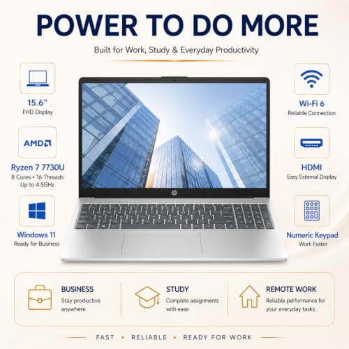 Image of HP 15.6 inch FHD Business Laptop, 2026 Edition, AMD Ryzen 7 7730U (Beats Intel Core i7-1255U), 16GB RAM, 512GB SSD, Wi-Fi 6, HDMI, Numeric Keypad, Windows 11