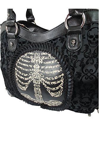 Lost Queen Black Goth Steampunk Flocked Ribcage Skeleton Cameo Handbag Shoulder Bag, Large3
