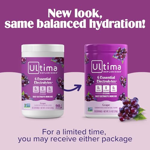 Image of Ultima Replenisher Daily Electrolyte Powder Drink Mix - Sugar Free - Grape, 90 Servings - Hydration Powder with 6 Key Electrolytes and Trace Minerals - Keto Friendly, Vegan, Non-GMO