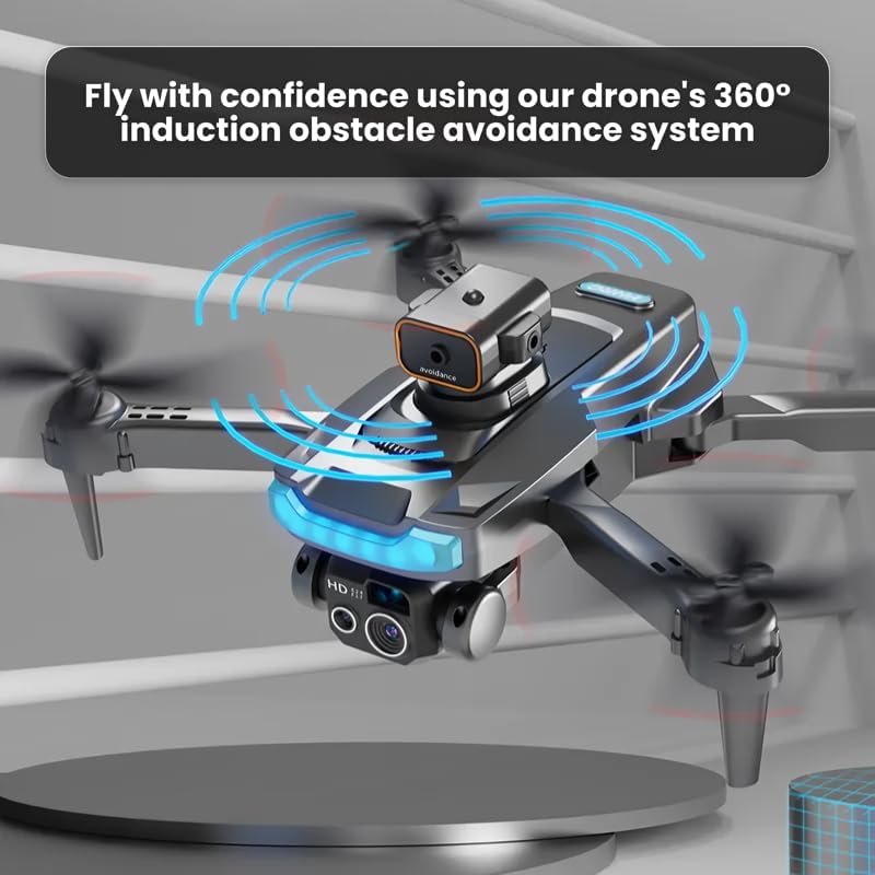 The drone in flight with blue circular waves emanating from it, illustrating its 360-degree obstacle avoidance system.